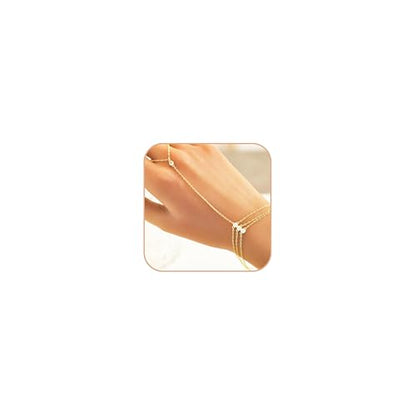 925 Sterling Silver Hand Chain Bracelet for Women | 14k Gold Plated CZ Crystal Heart Starburst Ring Bracelets Hand Chain Diamond Layered Stackable Link Chain Beach Jewelry Gifts - color: Gold