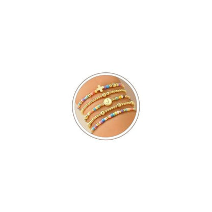 M MOOHAM Bracelets for Girls - 5PCS Colorful Beaded Bracelets Cross Bracelet Disc Letter A-Z Initial Bracelet Stretch Stackable Bracelet Set for Women Girls, Birthday Gift Christian Jewelry - color: J