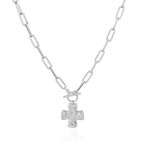Chunky Cross Necklace for Women Trendy 14K Gold Silver Plated Statement Big Cross Pendant Paperclip Chain Charm Necklaces Religious Faith Easter Basket Stuffers Baptism Costume Jewelry Gift - color: White Gold-Toggle-1 inch pendant