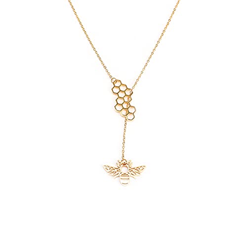 18K Gold Plated Stainless Steel Bee Honeycomb Pendant Necklace, Adjustable Y Lariat Conch/Guitar/Horseshoe Necklace for Women - color: Gold, style: Bee