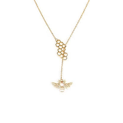 18K Gold Plated Stainless Steel Bee Honeycomb Pendant Necklace, Adjustable Y Lariat Conch/Guitar/Horseshoe Necklace for Women - color: Gold, style: Bee