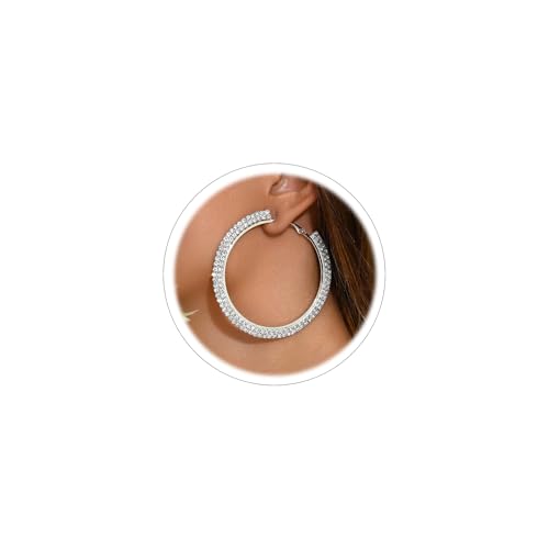 Large Silver Rhinestone Hoop Earrings Sparkly Big Hoop Earrings for Women Bling Chunky Silver Hoops 40/50/60/70mm Trendy Prom Wedding Christmas Jewelry - style: Diameter - 50mm