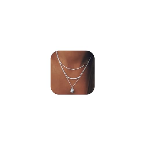 HUASAI Boho Necklaces for Women Dainty Layered Choker Necklace Bohemian Turquoise Necklace Statement Jewelry Western Cowgirl Country Concert Outfits Accessories - color: C Silver Layered Beaded Moonstone Necklace