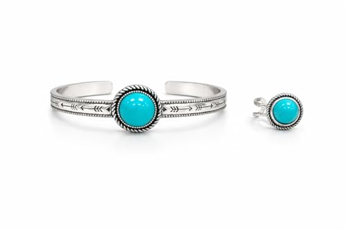 Isac Turquoise Cuff Bracelet and Ring Set, Silver-Tone, Boho Western Style, Arrow Engraved, Round Stone