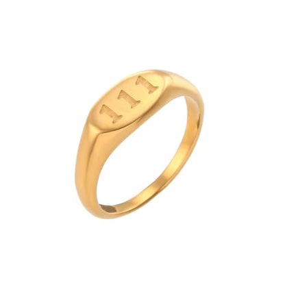 PAURO Women's Oval Angel Number Rings 111 222 333 444 555 666 777 888 999 | Stainless Steel Signet Style, Gold Plated Spiritual Statement Band, Numerology Jewelry Gift - color: Gold-111