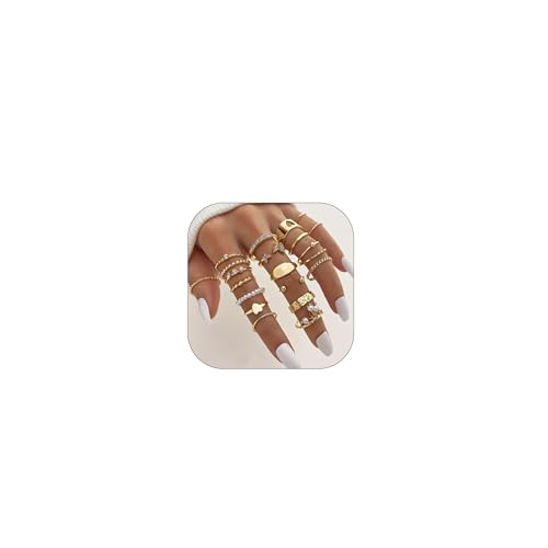 HUASAI Gold Stackable Rings Set for Women Boho Dainty Moon Star Pearl Leaf Cubic Zirconia Heart Midi Pinky Trendy Jewelry Birthday Gifts - color: E Gold Pearl Rings 21 Pcs