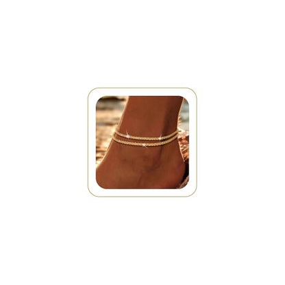 Robaice Ankle Bracelets for Women, 14K Gold Plated/Silver Layered Anklets | Waterproof Adjustable Anklet for Women, Summer Beach Anklet, Glitter Jewelry for Women Gifts - color: Gold