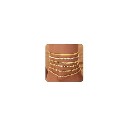 Besteel Ankle Bracelets for Women Waterproof 14K Gold Plated Anklets Set | Non Tarnish Stainless Steel, Plus Size Adjustable 8-12 Inch, Hypoallergenic Layered Cuban Link Chain Summer Foot Jewelry Gift - style: 6 Pcs Gold Tennis-8.5+2.5 Inch