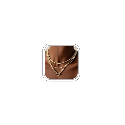 Turandoss Layered Necklaces for Women, 14K Gold Plated Chain Necklace Stack | Non Tarnish Gold Necklaces for Women, Toggle Clasp Herringbone Rope Satellite Cuban Link Chain Necklace, Trendy Jewelry Gifts - color: " rope+satellite+toggle-G