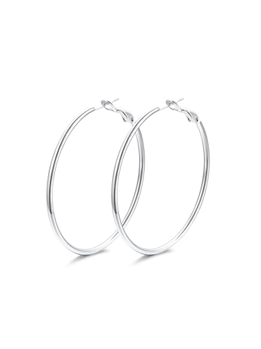FindChic Thin Hoop Earrings for Women,Silver/Black/Gold Plated 20-100mm - color: Silver, size: 50mm