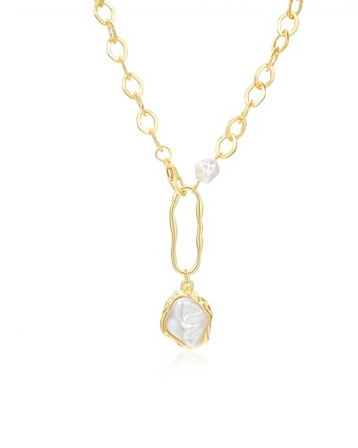 Gold and Pearl Necklace for Women 14K Gold Plated Trendy Baroque Pearl Pendant Drop Necklace Elegant Wedding Bridal Prom Jewelry Gift