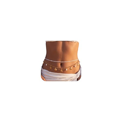 14K Gold Plated Belly Chain for Women, Boho Bikini Waist Jewelry | Adjustable Fit, Dainty Layered Look, Pearl, Shell & Starfish Options, Boho Body Jewelry, Beach, Vacation - color: Gold-Plated 6