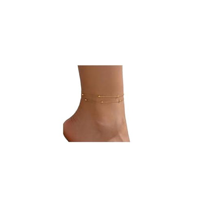 18K Gold Plated Boho Beaded Anklets for Women Dainty Gold Layered Round Ball Ankle Bracelet Pearl Cross Anklet Bracelet Waterproof Gold Jewelry - color: 2Layered Beads-Gold