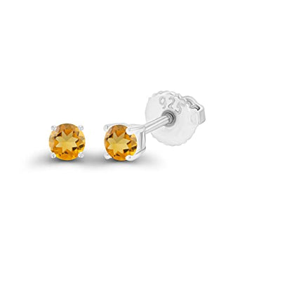 14K Gold Plated 925 Sterling Silver Hypoallergenic 3mm Round Genuine Birthstone Solitaire Screwback Stud Earrings - color: Citrine