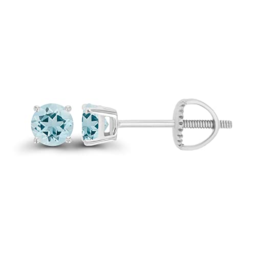 14K Gold Plated 925 Sterling Silver Hypoallergenic 4mm Round Genuine Birthstone Solitaire Screwback Stud Earrings - color: Aquamarine