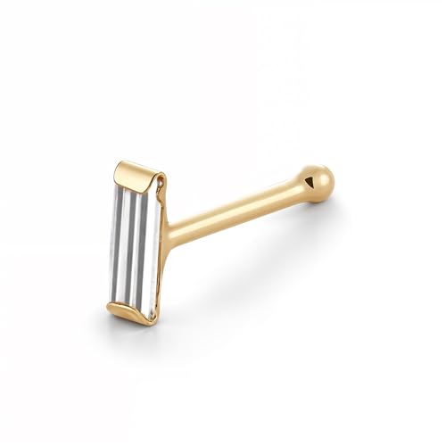 Massete 18k 14k Gold Nose Ring - 20g Nose Stud, Hypoallergenic Threadless Piercings for Women Men, Yellow White Rose Real Gold Standard or Long Nose Rings Studs, CZ or Ball Nose Piercing Jewelry - color: Simulated Baguette Diamond - 14k Yellow Gold, size: