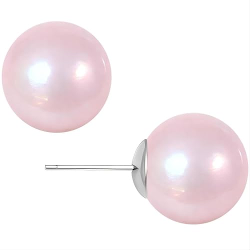 Light Pink Faux Pearl Stud Earrings, S925 Silver Posts Hypoallergenic for Women - size: 10mm