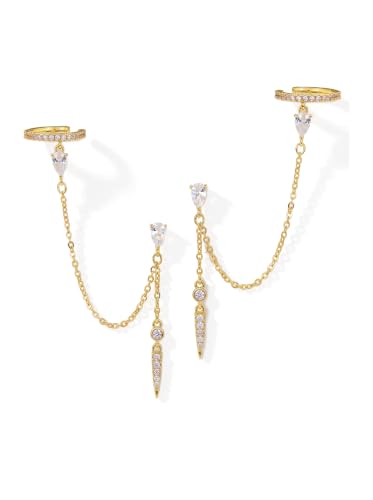 Gold Earrings for Women Trendy 14K Gold Plated Dangle Earrings Small Hoop Huggie Drop Stud Earrings Cubic Zirconia Simple Minimalist Dainty Chain Tassel Hypoallergenic Earrings - color: Ear Cuff & Gold