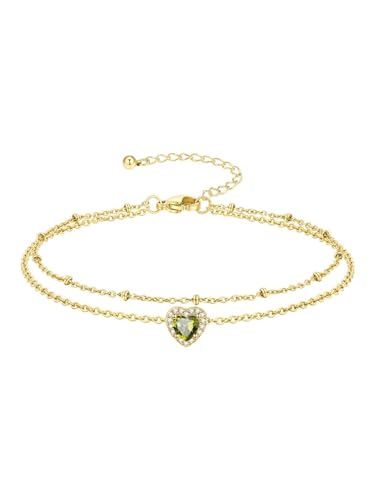 Richsteel Double Layer Heart/Butterfly Birthstone Anklet for Women | Non Tarnish Waterproof, Silver/Gold/Black Stainless Steel 8.5-10.5 Inch Adjustable Chain Anklets Summer Beach Foot Jewelry - color: Gold Heart-08 Aug.(Peridot)