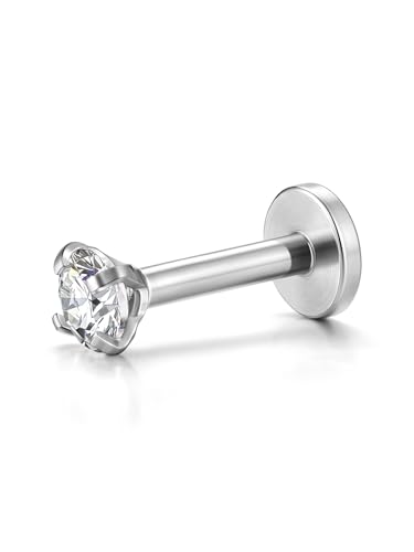 PiercingJ 2-4pcs 16g 316L Stainless Steel 3mm Cubic Zirconia Labret Monroe Lip Ring/Tragus/Helix Earring,6-12mm Bar Length - style: 3mm zirconia round / 8mm bar