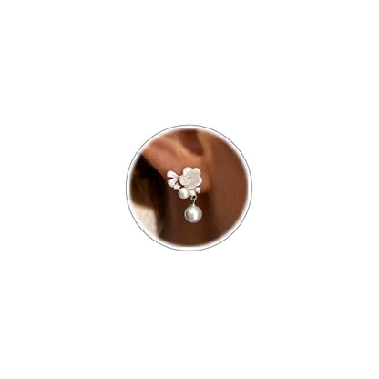 Pearl Earrings for Women Trendy Dainty Wedding Earring 14K Gold Plated/Silver Plated Dainty Cute Drop Dangle Pearl Earrings Studs Hypoallergenic CZ Diamond Wedding Earrings for Brides Prom Jewelry Gift for Women - color: 05.Silver flower