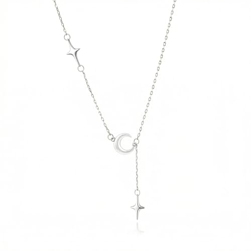 White Gold Matte Moon Star Tassel Y-Necklace Adjustable Pendant Necklace for Women Celestial Jewelry Gift for Her
