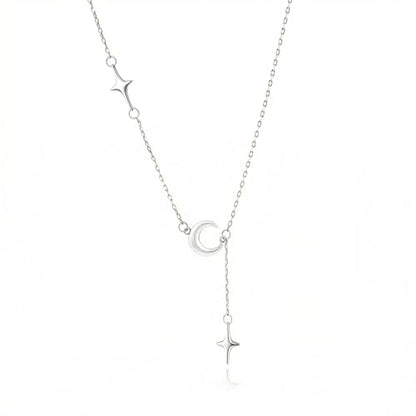 White Gold Matte Moon Star Tassel Y-Necklace Adjustable Pendant Necklace for Women Celestial Jewelry Gift for Her
