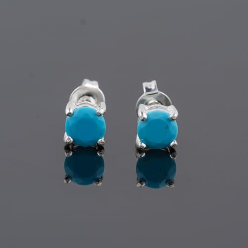 Natural 5mm Blue Turquoise Gemstone Crystal Studs Earring Pair for Women, Push Backs, Birthstone, Facet Round Stone, Gift Jewelry, Silver Plated Wholesale Bulk Jewelry