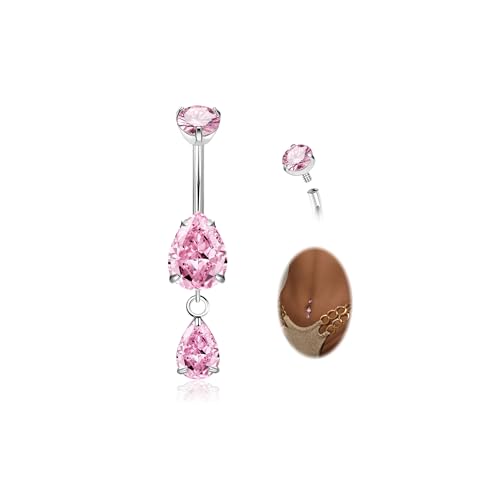 14G G23 Pure Titanium Dangle Belly Button Ring for Women Dangling CZ Navel Ring Teardrop Curved Barbell Belly Rings Internally Threaded Belly Piercing Jewelry - color: Pink