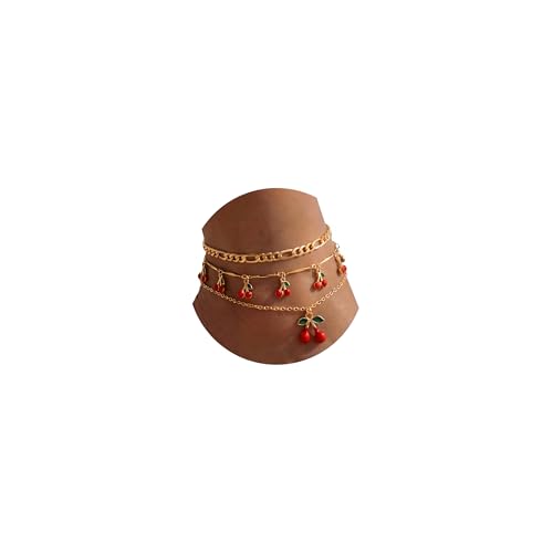 Fesciory Gold Plated Ankle Bracelets for Women, Adjustable Layered Flower Cherry Charm Anklets, Summer Hawaiian Beach Foot Jewelry Gifts - color: Cherry