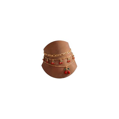 Fesciory Gold Plated Ankle Bracelets for Women, Adjustable Layered Flower Cherry Charm Anklets, Summer Hawaiian Beach Foot Jewelry Gifts - color: Cherry