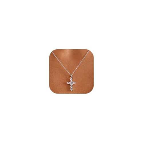 Cross Necklace for Women, 14K Gold Plated Cubic Zirconia Cross Pendant Necklace, Trendy Christian Jewelry Gifts for Baptism First Communion Christmas - color: Style B - Silver