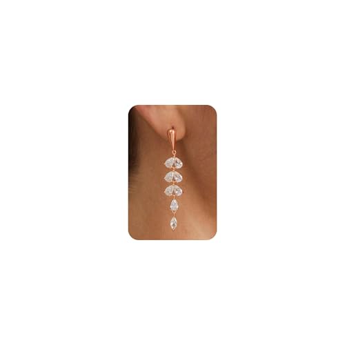 Dangle Earrings for Women - 14K Gold/White Gold/Rose Gold Plated Butterfly Heart Star Hoop Chain Long Tassel Cubic Zirconia CZ Dangle Earrings - color: rose gold Leaf Dangle