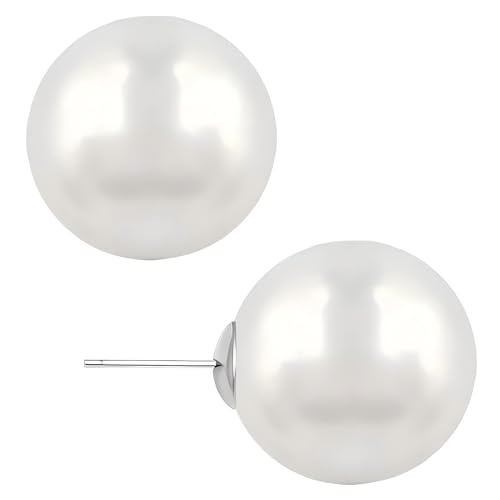 White Faux Pearl Stud Earrings, S925 Silver Posts Hypoallergenic for Women - color: White, size: 14mm