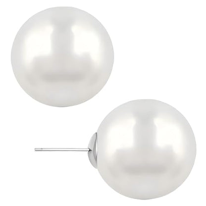 White Faux Pearl Stud Earrings, S925 Silver Posts Hypoallergenic for Women - color: White, size: 14mm