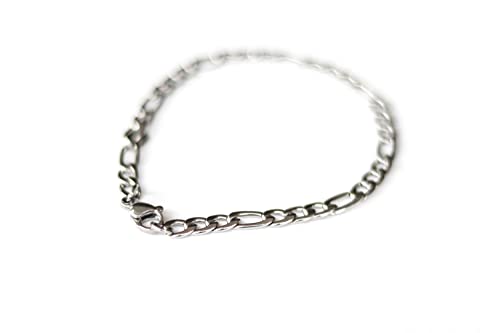 Silver tone chain bracelet for men, flat cable Figaro chain, waterproof stainless steel, custom size gift for him, minimalist subtle jewelry