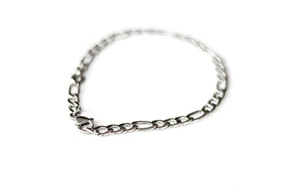 Silver tone chain bracelet for men, flat cable Figaro chain, waterproof stainless steel, custom size gift for him, minimalist subtle jewelry