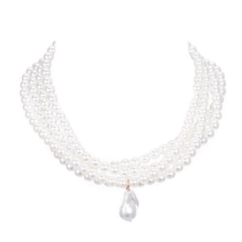 Jovono Pearl Choker Necklace Chunky Faux Pearl Collar Necklaces Boho Layered Statement Necklace Jewelry for Women