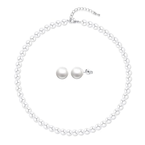 8mm 10mm Faux Pearl Necklace Earrings Set for Women White Black Round Glass Pearl Wedding Jewelry Gifts - color: White Pearl-Ear Stud Set, size: 8mm