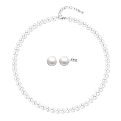 8mm 10mm Faux Pearl Necklace Earrings Set for Women White Black Round Glass Pearl Wedding Jewelry Gifts - color: White Pearl-Ear Stud Set, size: 8mm