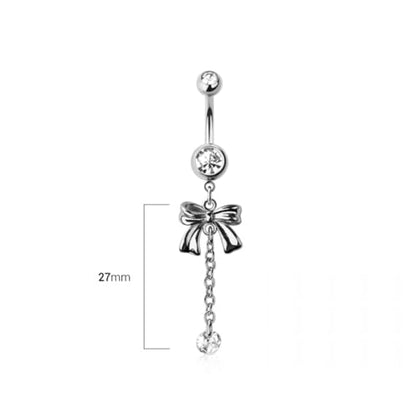 Pierced Owl 14GA 316L Stainless Steel CZ Crystal Bow with Dangling Chain and Gem Belly Button Ring