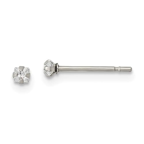 Stainless Steel Polished 2mm Square Cubic Zirconia Stud Earrings | Length- 0.1 in Width-0.11 in
