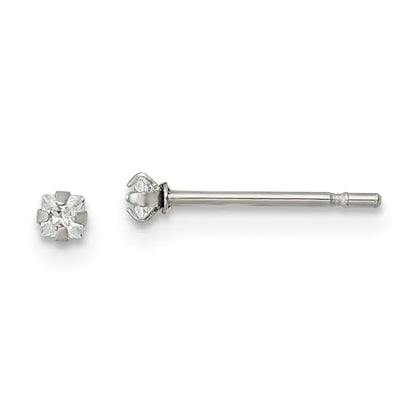 Stainless Steel Polished 2mm Square Cubic Zirconia Stud Earrings | Length- 0.1 in Width-0.11 in