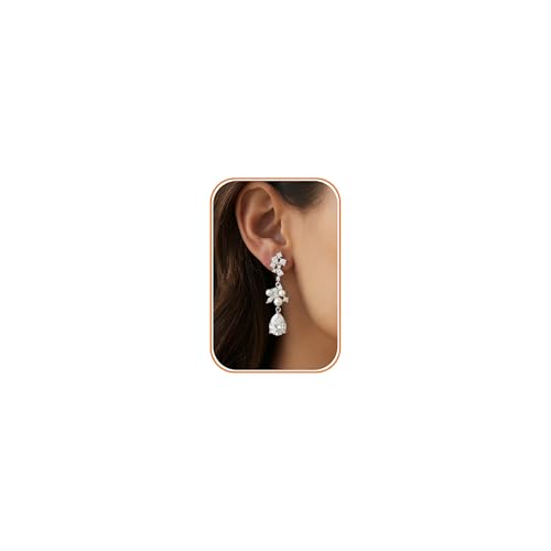 Pearl Earrings - 14K Gold/White Gold/Rose Gold Plated Cubic Zirconia CZ Diaomond Accented Pearl Drop Dangle Earrings for Women Wedding Bridal Prom - color: Silver Teardrop Design