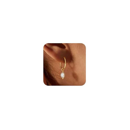 Robaice Pearl Earrings for Women, 14K Gold Plated Dangle Drop Earrings | Small Pearl Drop Huggie Hoop Earrings, Hypoallergenic Dainty Gold Earrings, Wedding Jewelry Gifts for Women Trendy - style: glossy pearl earrings