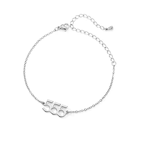 PAMTIER Angel Number Ankle Bracelet for Women Adjustable Chain | Stainless Steel, Dainty Simple Numerology Jewelry Gift - color: 5.5+2.8inch, Silver 555