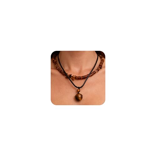 Tiger Eye Brown Wooden Beaded Layered Pendant Necklace for Women Men, Healing Crystal Natural Stone Blessing Women Necklaces Protection Fashion Jewelry Gift - color: Brown