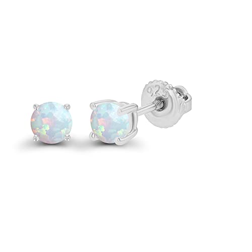 14K Gold Plated 925 Sterling Silver Hypoallergenic 4mm Round Genuine Birthstone Solitaire Screwback Stud Earrings - color: Opal Created