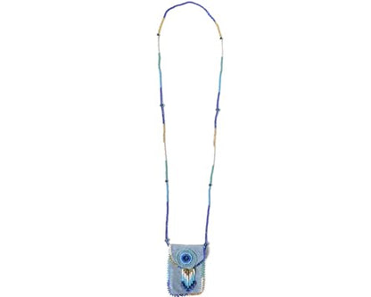 Mia Jewel Shop Authentic Leather Suede Medicine Pouch Seed Bead Fringe Dangle Necklace - Womens Fashion Handmade Bags Boho Travel Accessories - color: Light Blue