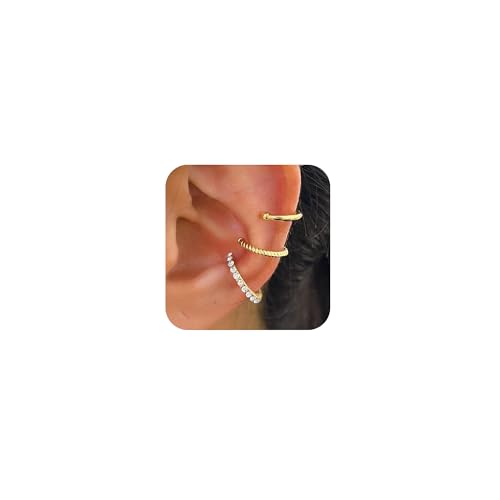 Longita Ear Cuff Earrings for Women non Piercing Ear Hoop Earrings Stainless Steel Clip On Cartilage Earring Huggie Dainty Minimal Crossed Conch Piercing Sparkling Jewelry Silver Rose Gold - color: B1- 3pcs gold set